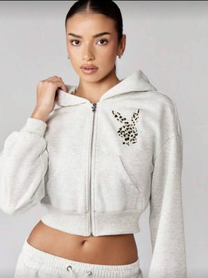 Chaqueta Cropped de Felpa con Cremallera y Estampado Animal [TALLA M]
