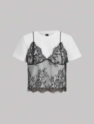 Camiseta Blanca con Capa Superpuesta de Encaje [TALLA XS-S-XL]