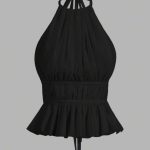 Top Halter Negro Plisado con Cintura Fruncida y Volante [TALLA XS]
