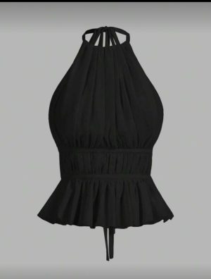 Top Halter Negro Plisado con Cintura Fruncida y Volante [TALLA XS]