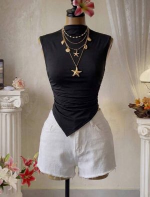 Top Licrado Drapeado con Escote Mock [TALLA S]
