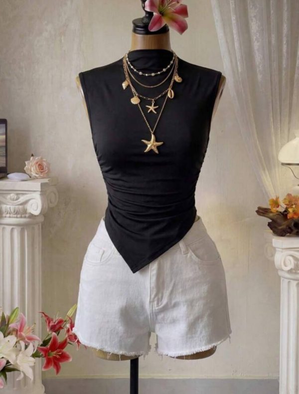 Top Licrado Drapeado con Escote Mock [TALLA S]