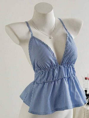 Crop Top Liso con Escote V Profundo Fruncido [TALLA S]