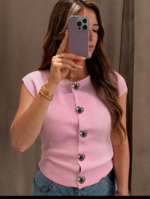 Top de Hilo Fino Rosa con Corazones Plateados [TALLA L]