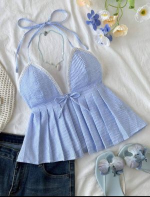 Top Halter de Rayas con Bajo Plisado [TALLA L]