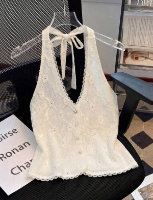Top de Encaje de Rombos de Cuello Halter [TALLA XS]