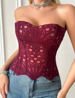 Top Corset Strapless de Encaje Guipur con Bajo en Pico [TALLA S]