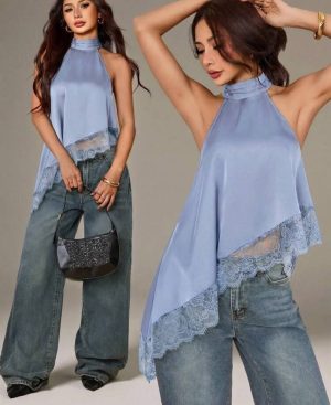 Top Halter Satinado con Bajo Asimétrico de Encaje [TALLA L PETITE]