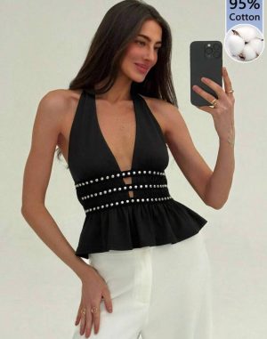 Top Halter de Algodón con Escote Profundo y Tachuelas [TALLA M]