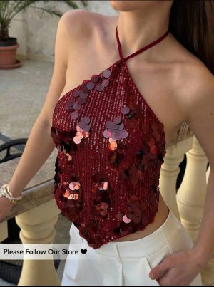 Top Halter de Lentejuelas Grandes con Bajo en Pico [TALLA M]