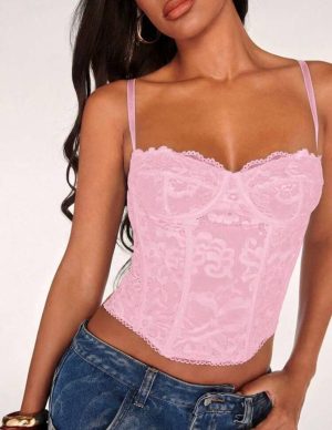 Top Corset de Encaje Floral Rosa Pastel con Varillas [TALLA M]