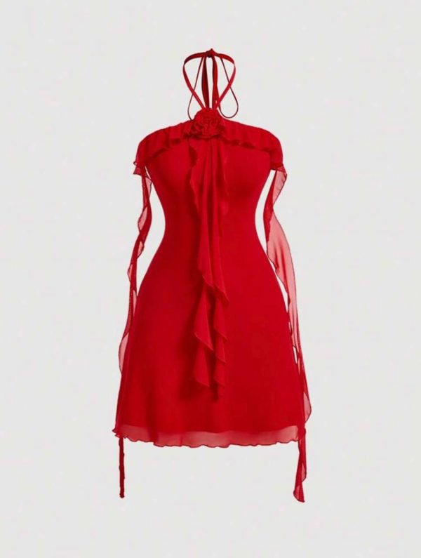Vestido Mini Rojo Chiffon con Flor 3D y Volantes