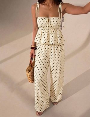 Conjunto de 2 piezas a lunares marrón sobre fondo crema (Top péplum + Pantalón ancho)