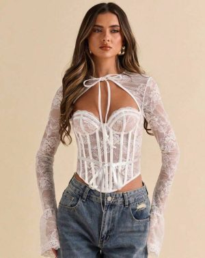 Top corsé de encaje blanco transparente con bolero / mangas largas integradas y lazo