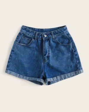 Short de jean / denim azul clásico de tiro alto con dobladillo