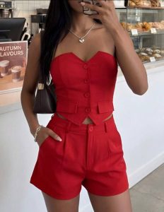 Conjunto sastre rojo de 2 piezas (Chaleco strapless + Short de tiro alto)