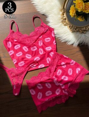 Set de Pijama / Lencería Magenta con Estampado de Labios (3 piezas)